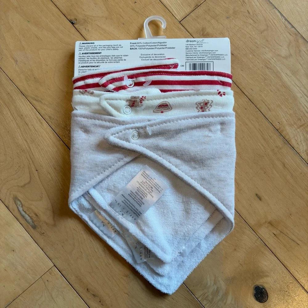 3 PC Christmas Bandana Bibs Snap Closure Gingerbread Red & White Size 0-12M